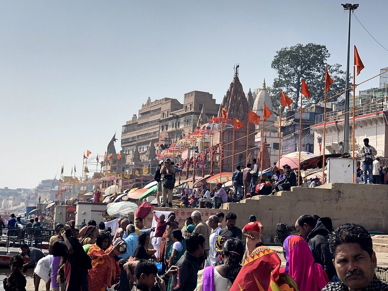 Pilgrims and temple steps at Dashashwamedh Ghat in Varanasi